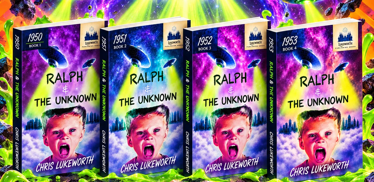 All four Ralph and the Unknown books, 1950 through 1953, standing in a row under three flying saucers